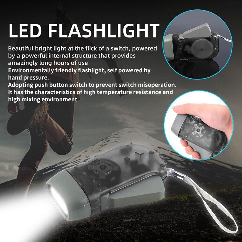 3 LED Hand Pressing Dynamo Crank Power Wind Up Flashlight Torch Light Hand Press Crank Camping Lamp Light for Outdoor Home Doba